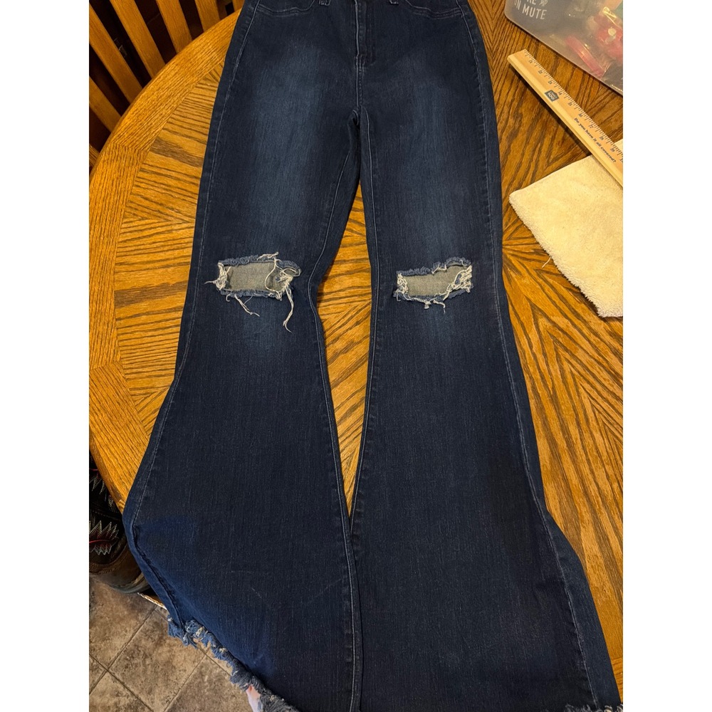 JC & JQ Distressed Flare Jeans Dark Wash High Rise Bell Bottoms XL GP3323